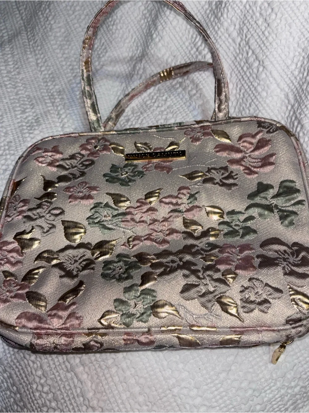 Vince Camuto Floral Jacquard Pink and Gold Women's Hanging Makeup Bag